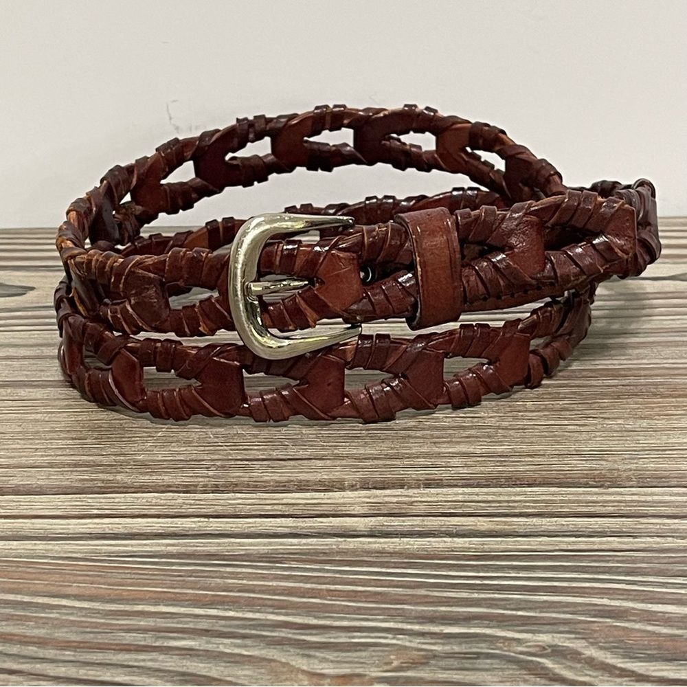 Vintage Capezio Wrapped Woven Leather Link Brown Belt Solid Brass Buckle Size ML